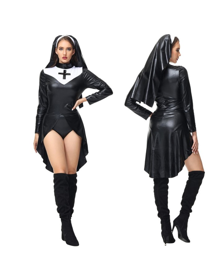 Sexy Nun Costume Women Faux Leather Bad Naughty Nun Roleplay Fancy Dress SL3401