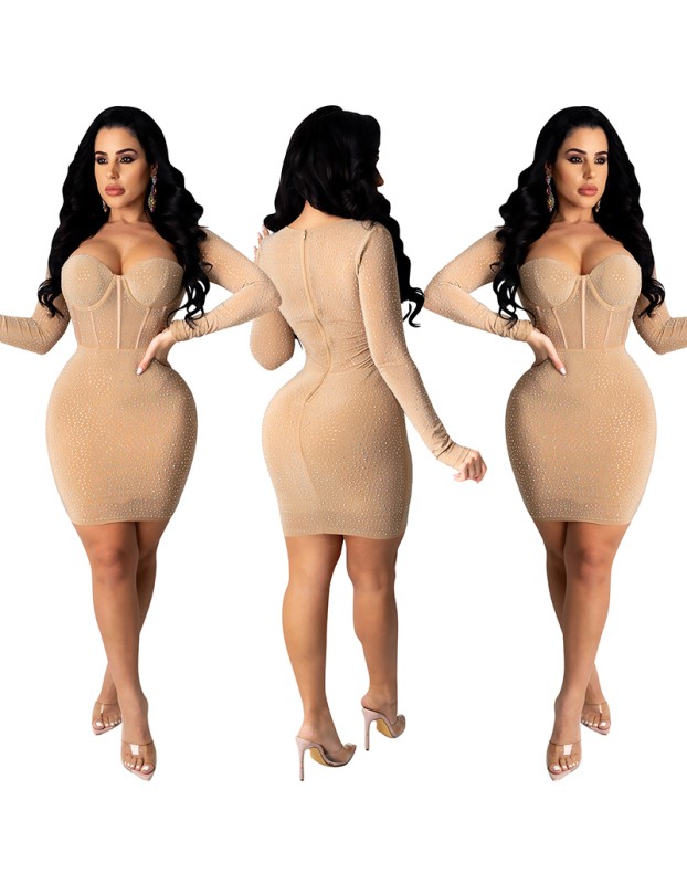 Hot Drilling Perspective Elegant Sexy Long Sleeve Dresses Women X3851