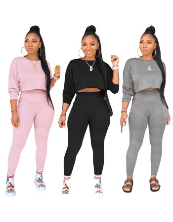 Autumn O-neck Two Pieces Set Long Sleeve Sweatshirt + Pant Suit M8473