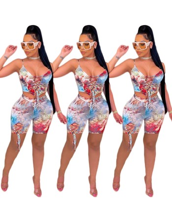 Fashion printing shorts set with hollow out two piece bandage M054