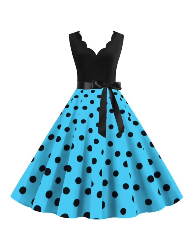 Burnt Polka Print Dot Office Wear Sleeveless V-neck White Dress JY14721