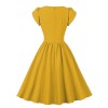 Vintage Women Bubble Short Sleeve Button Design Big Swing Mid Length Dress 5043