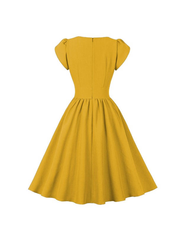Vintage Women Bubble Short Sleeve Button Design Big Swing Mid Length Dress 5043