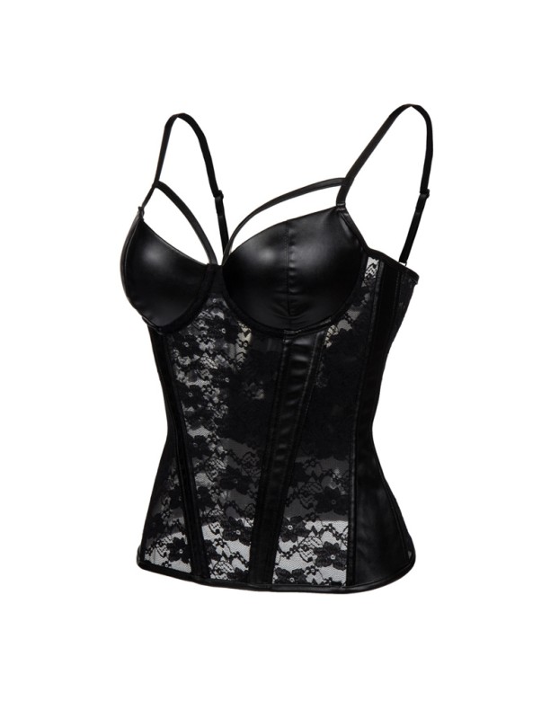 Women Black Leather Lace Patchwork Waist Trainer Corsets m1405