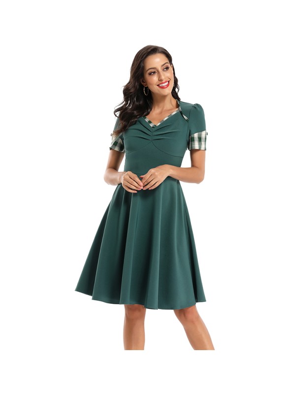 Color Contrast Dark Green Tuck Your Waist And Look Thin Dress Lady CD1769
