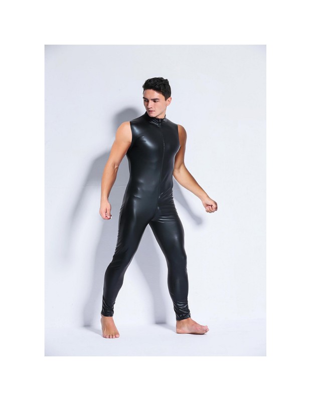Men Sexy Patent Leather Tight Stage Performance Leather Bar Jumpsuit XX6002