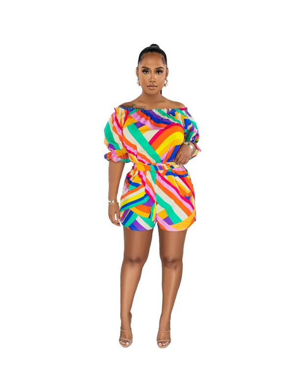 High Quality Women's Colorful Printed One Shoulder Loose Jumpsuit 9415