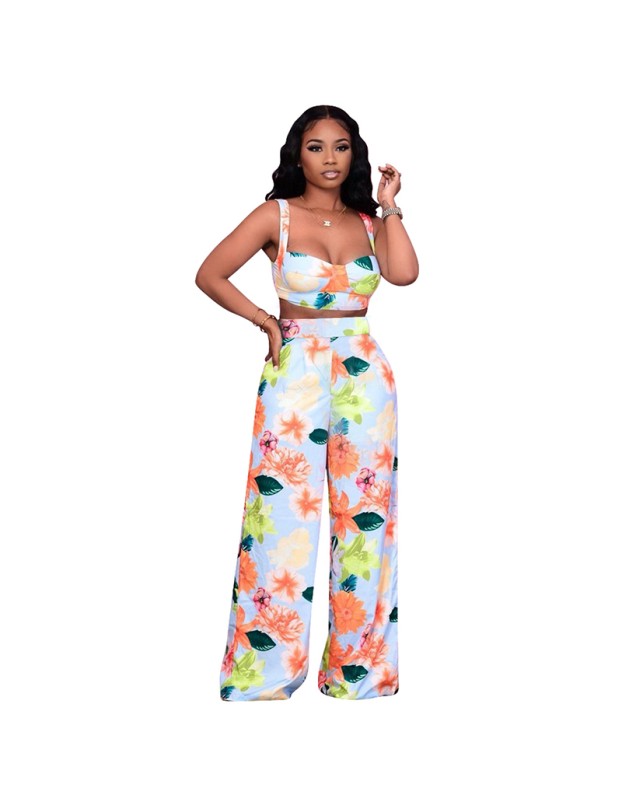print floral women sexy tank top and Wide leg pants two piece outfits M30124