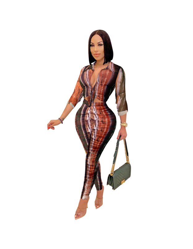 Digital Print Women  V-neck Long Sleeve Pants Casual Two Piece Set X5281