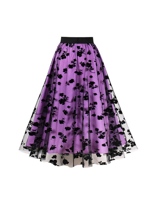 Mesh Double Flocking Floral Skirt With Waist Floral Print Women Full Skirt 5047