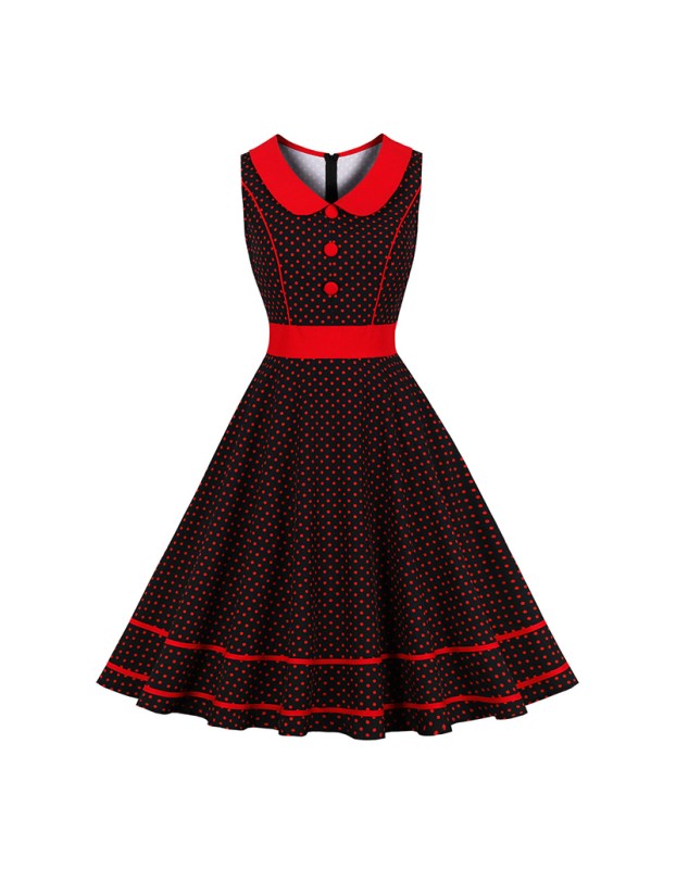 New Sstyle Women Lapel Polka Dot Color Contrast Vintage Swing Dress 3291