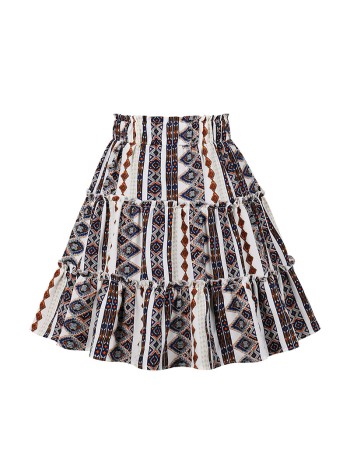 Boho Vacation Style Print Elastic Waist Skirt With Fringe Fashion Thin Skirt 230047