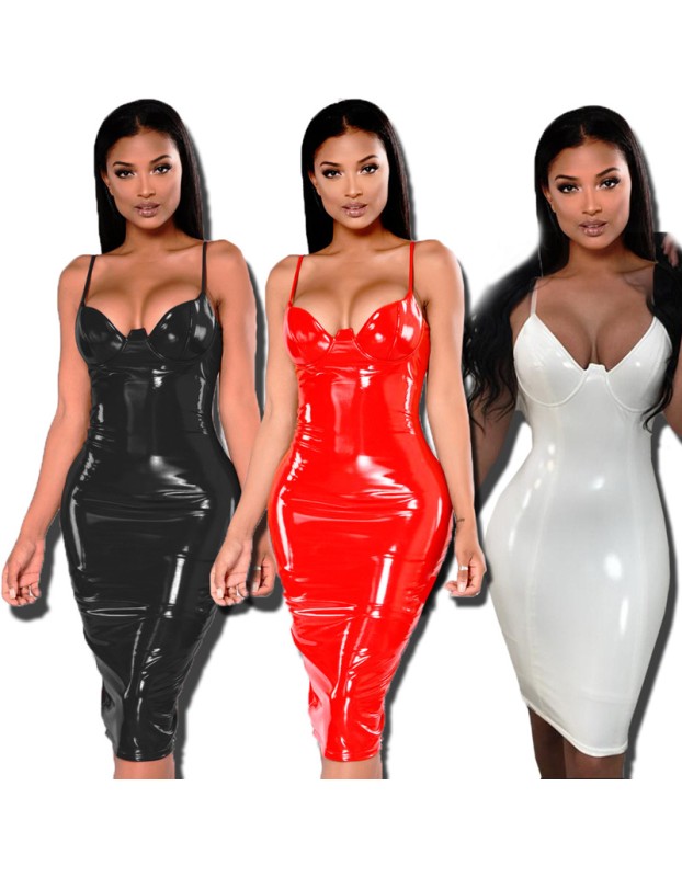 S-6XL Women Sexy PVC Leather Bodycon Dresses M7302