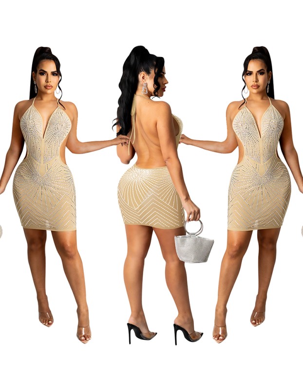Rhinestone Shiny Skirt Dinner Gown Backless Sexy Mesh Night Dress X5251