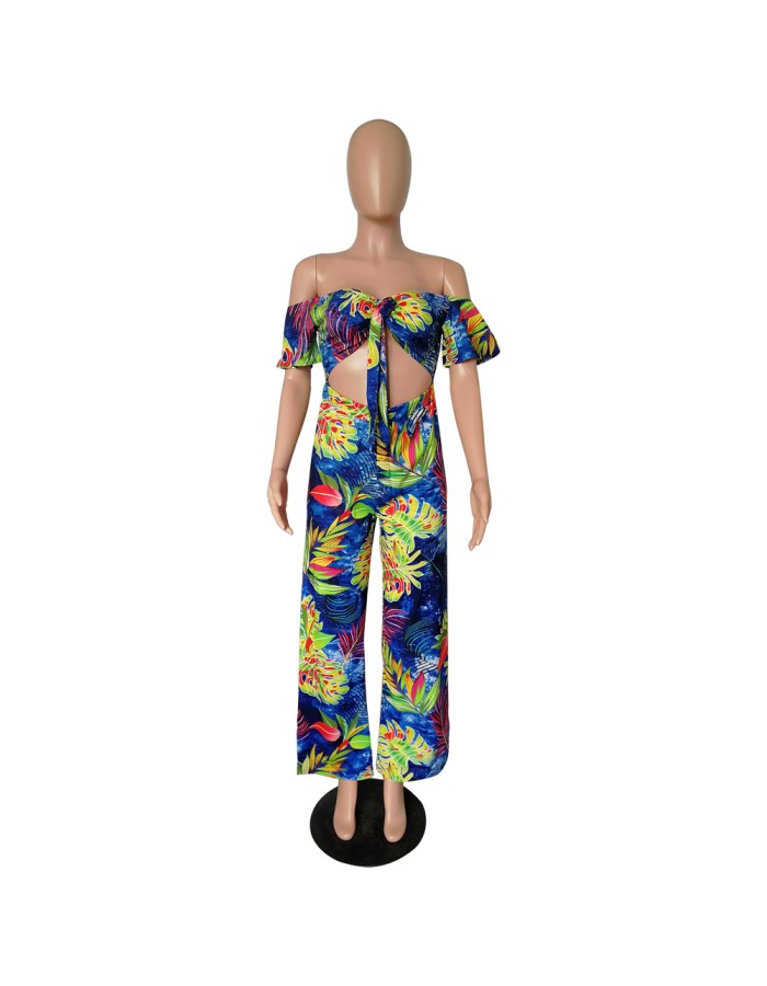 Women Summer Casual Boho Bandage Crop Top Floral Print Playsuit Romper M8417