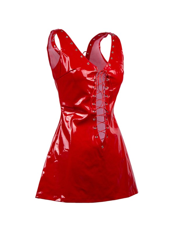 Women Sexy Lace-Up Wetlook PVC Bodycon Mini Dress M7036