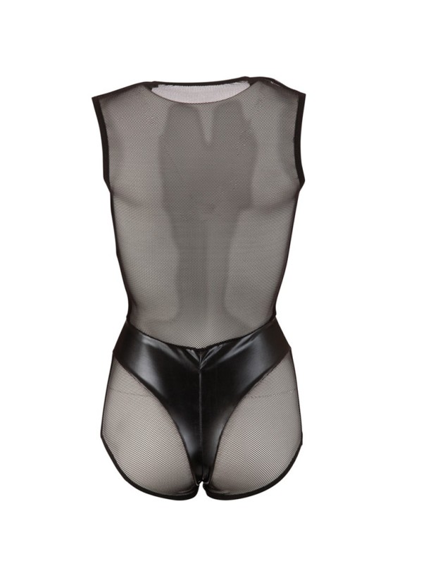 Women Sexy Deep V Leather Bodysuit Hollow-Out Mesh Lingerie  1119