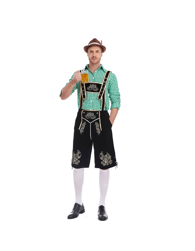 German Traditional Oktoberfest Plaid Shirt Men Beer Suspender Suit Costume YM3645