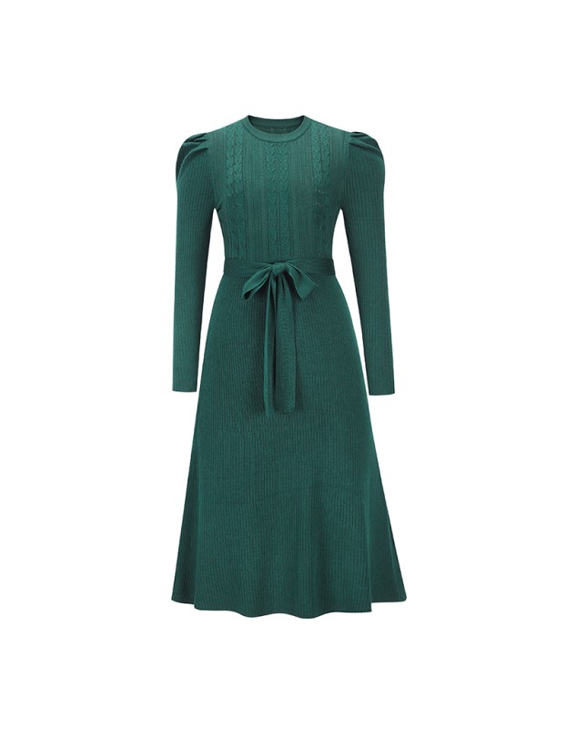 Mid-Length Wool Knit Puff Sleeve Casual High Waisted Loose Fall Dresses LQ163