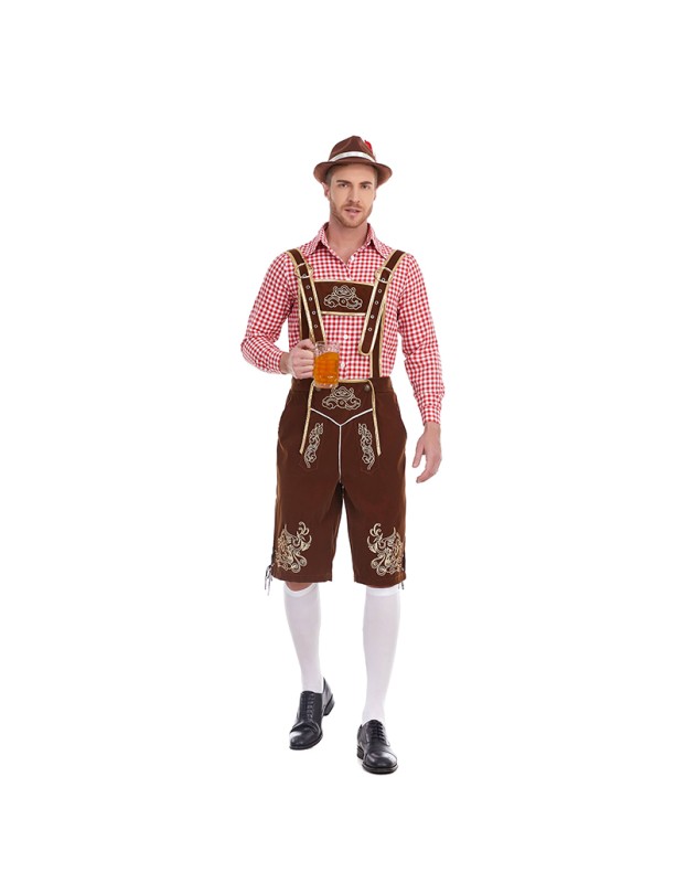 German Traditional Oktoberfest Plaid Shirt Men Beer Suspender Suit Costume YM3645