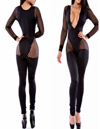 Black And White Holey Long Sleeves Bandage Bodycon Jumpsuit M3801