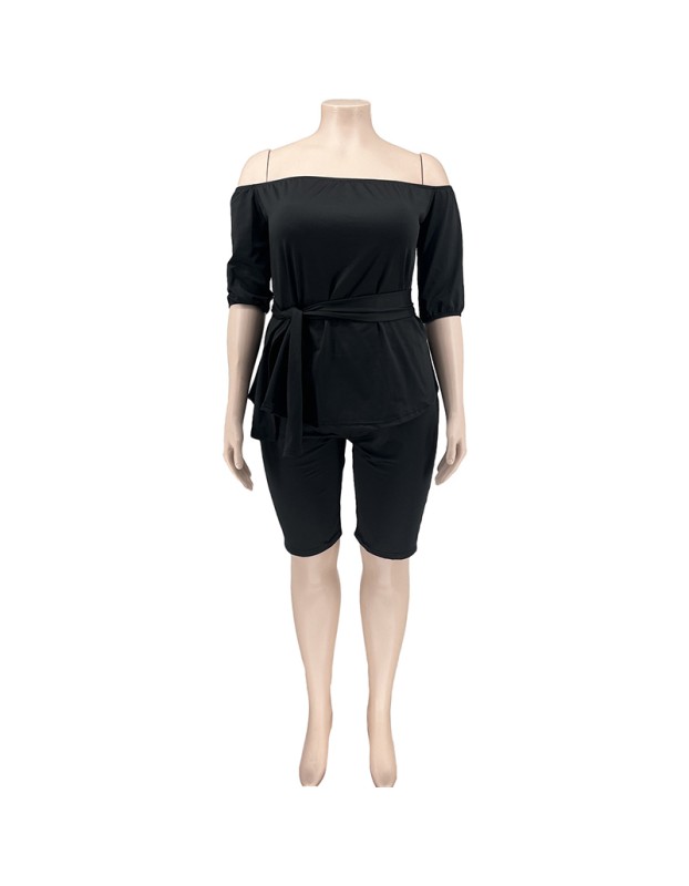 Solid Color Plus Size Women's Independent Stand One Shoulder Two Piece Set YM8627