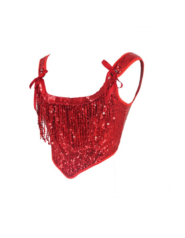 2023 Court Sexy Women Red Fringe Corset Little Sequin Vest Lacing Bustier WK2311