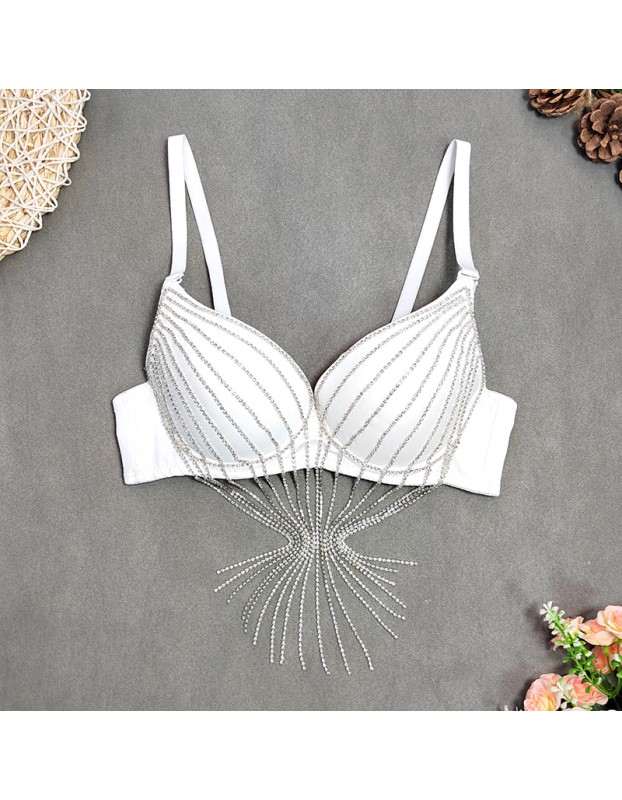 Rhinestone Suspender Tassel Vest Scrub Top Nightclub Stage Style Bra KN8373