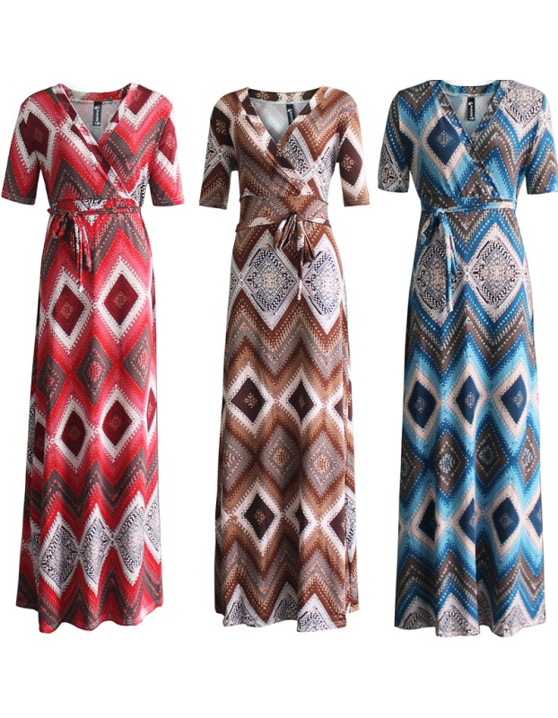 Vintage boho style geometric print half sleeve dresses M8409