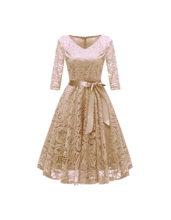 Ladies Casual Long-Sleeve Wedding Guest V-Collar Lace Girl Dress CD1592-1