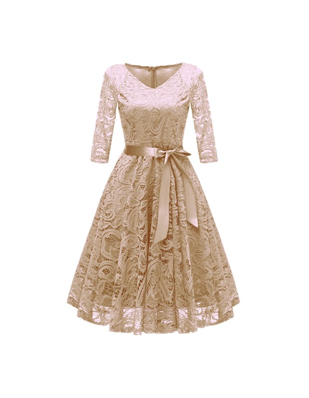 Ladies Casual Long-Sleeve Wedding Guest V-Collar Lace Girl Dress CD1592-1