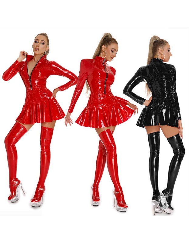 Long Sleeve Shiny Patent Leather Stage Nightclub One Piece Sexy Tight Leather Dress XX6391