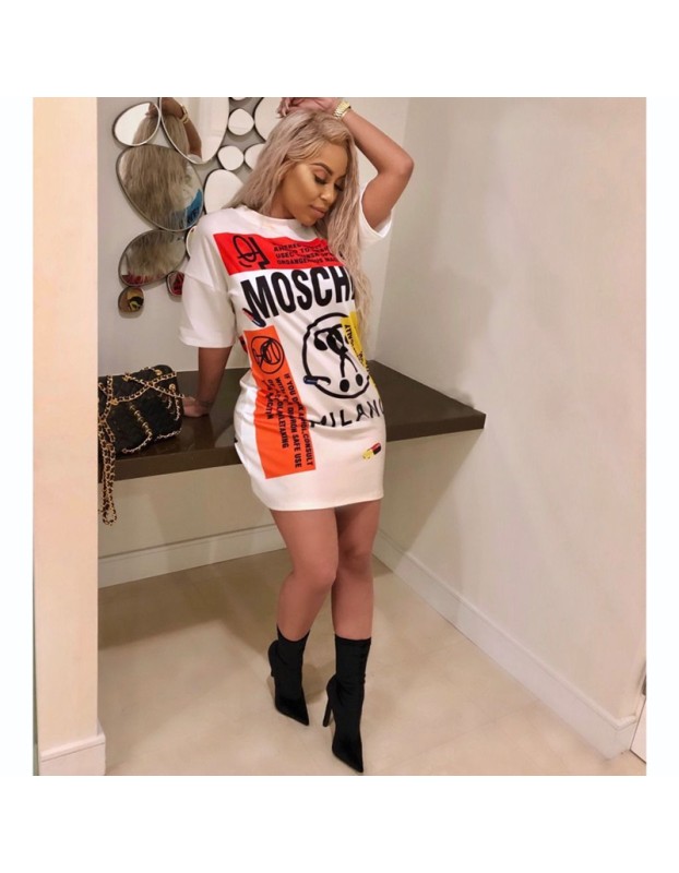 Women's Letters Print Loose Casual T-Shirt Dress M8368
