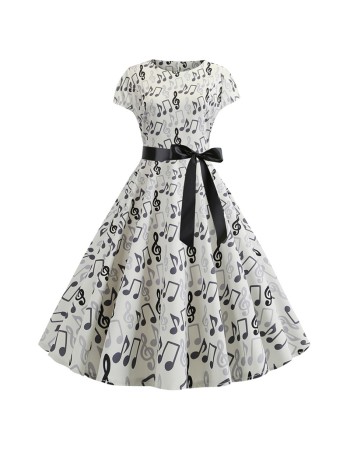 Note Print Summer Big Swing Women Clothing Star Dress JY13887