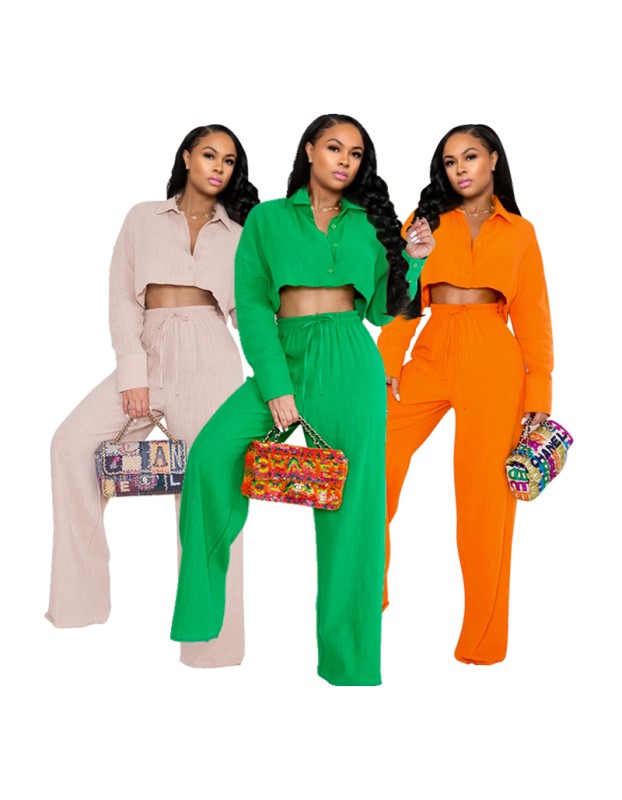 Women's Autumn Simple Solid Color Shirt Wide Leg Straight Pants Casual Suit YM8628