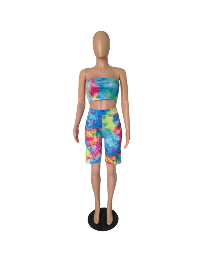 Women Sexy Two Piece Set Colorful Print Tube Top And Knee Length Pants m8418
