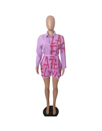 Pink Letter Printed Loose Casual Short Denim Jumpsuit M8461