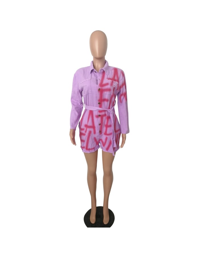 Pink Letter Printed Loose Casual Short Denim Jumpsuit M8461
