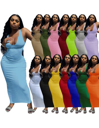 U neck causal woman dress fashionable sexy solid summer maxi dress M30120