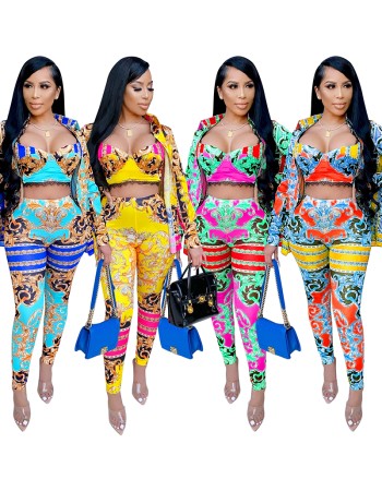 Milk Silk Women Sets Digital Printed Coat Vest Trousers Casual Suit X3690