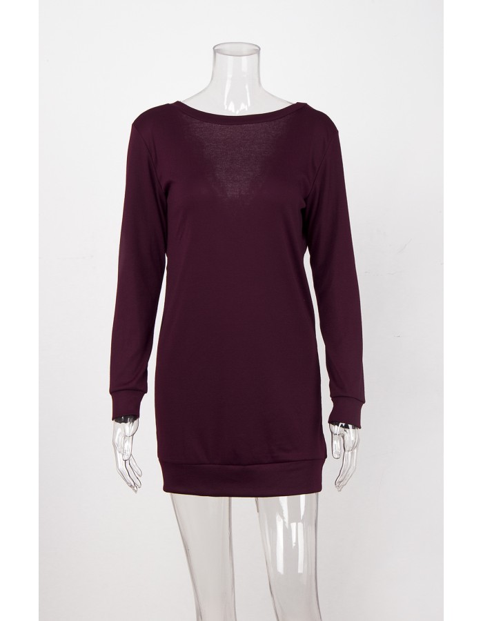 Women Long Sleeve Backless V Neck Lace Patchwork Sweater Dress M30413