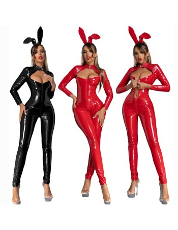 Sexy Open Crotch Women Patent Leather Bright Jumpsuit Sex Uniform 68039