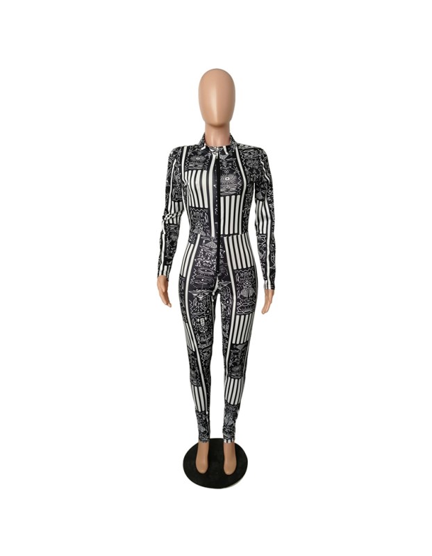 Autumn Long Sleeve Elasticity Skinny Print Vintage Jumpsuit M8486