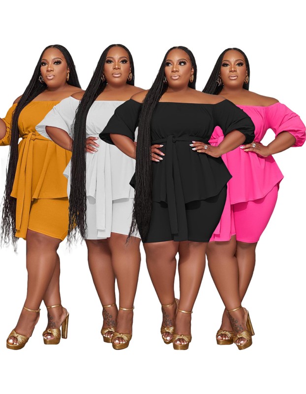 Solid Color Plus Size Women's Independent Stand One Shoulder Two Piece Set YM8627