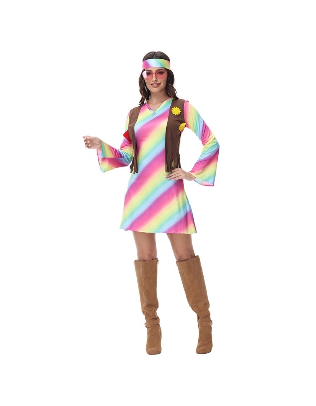Sexy Halloween Gradient Striped Skirt Long Sleeve Cosplay Indian Dress Costume MS1781