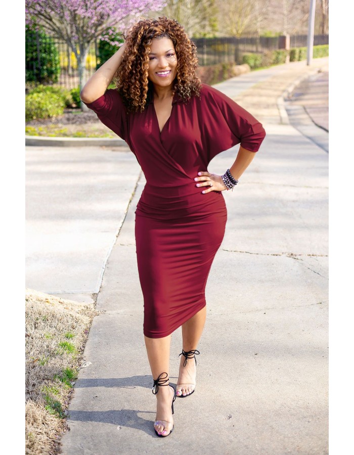 Elegant V Neck Batwing Sleeve Knee Length Bodycon Dress m8385