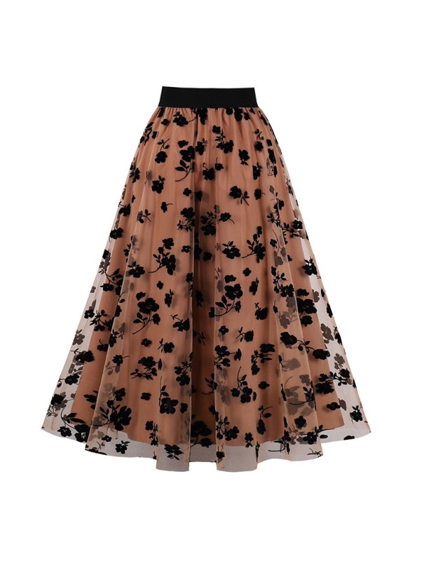 Mesh Double Flocking Floral Skirt With Waist Floral Print Women Full Skirt 5047