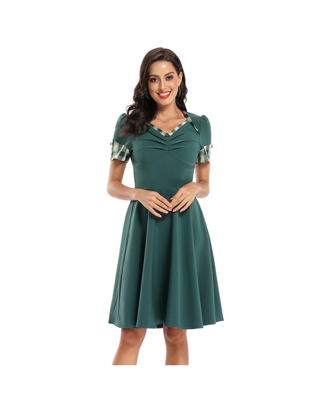 Color Contrast Dark Green Tuck Your Waist And Look Thin Dress Lady CD1769