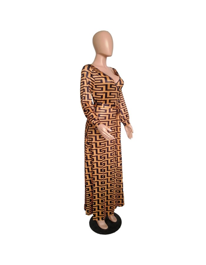 Printed deep v neck long sleeve maxi dress M8300