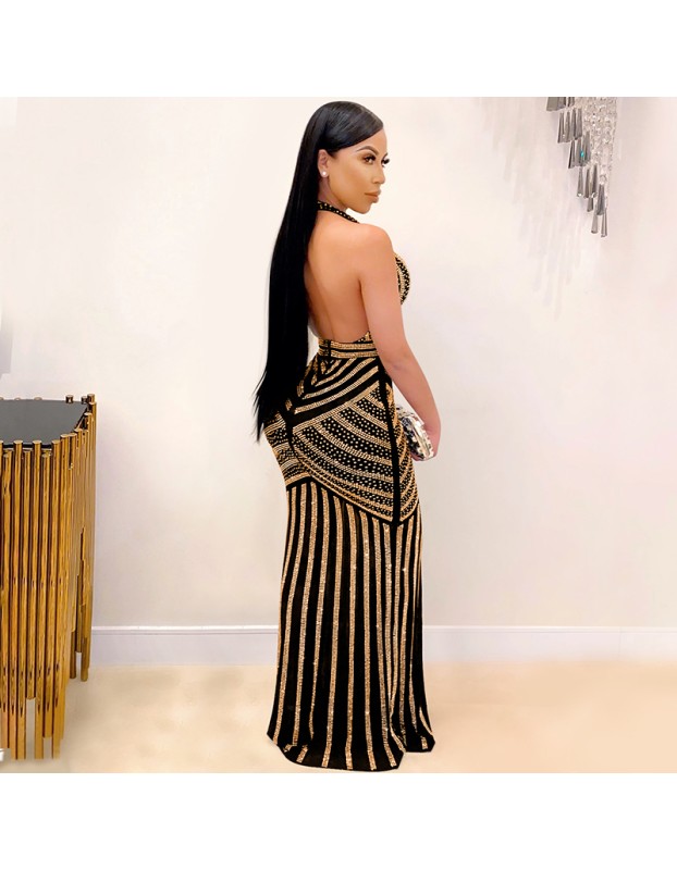 Sexy Deep V Backless Sequin Evening Ironed Drill See Through Long Party Dress X3816